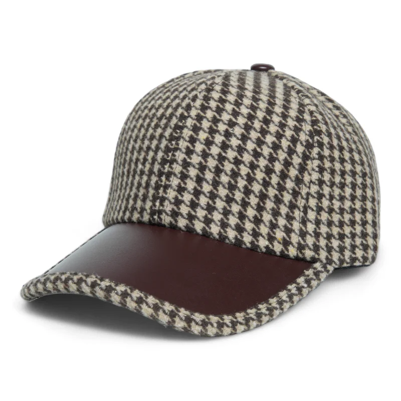 baseball hat away game -  Chokore Retro Houndstooth Pattern Baseball Cap with Leather Details (Coffee)