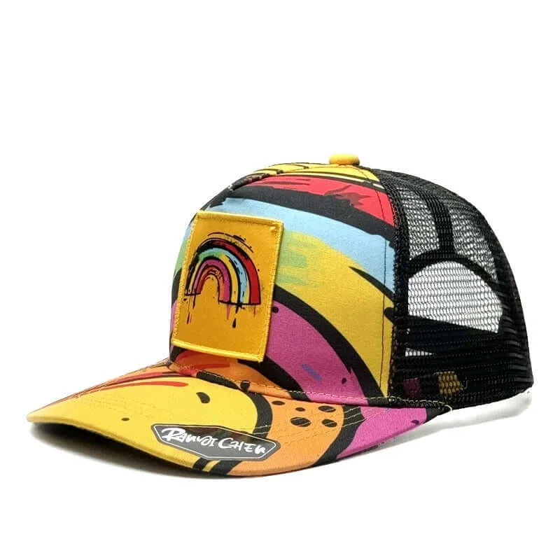 baseball hat colorful pop -  Colorful Vibes Rainbow Patch Trucker - Fushia