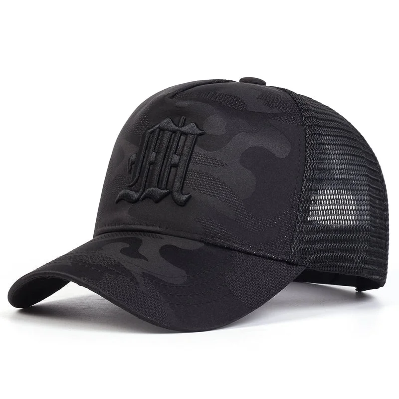 baseball hat warm-up hat -  Embroidered Letter M Camo Trucker Hat - Fushia