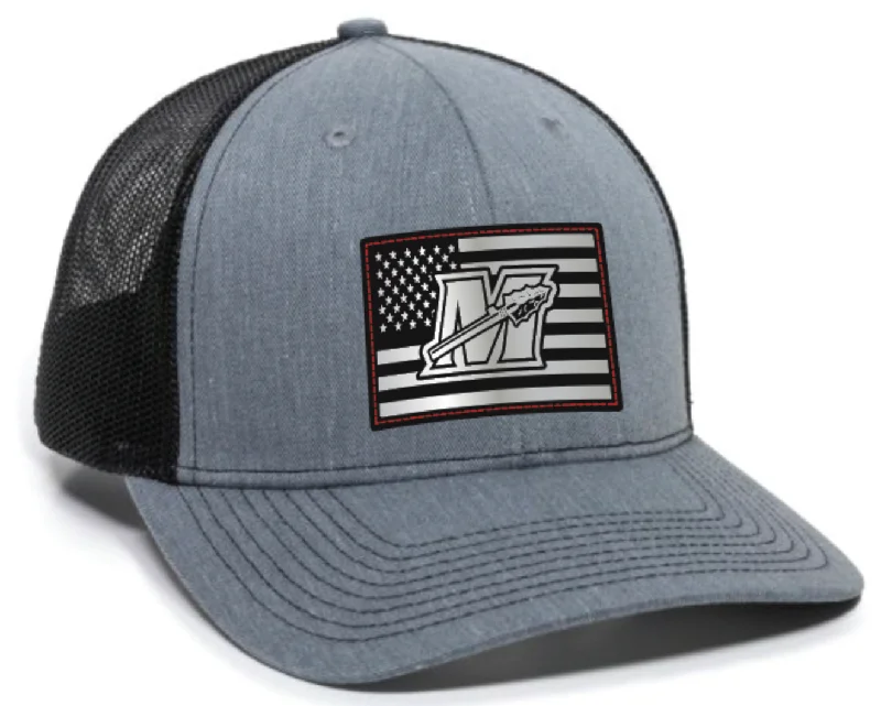 baseball hat swing high -  Gray and Black Flag Patch Trucker Cap w/Red Stitching