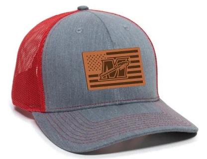 baseball hat lift off -  Gray and Red Flag Patch Trucker Cap w/Red Stitching