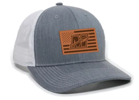 baseball hat ride smooth -  Gray and White Flag Patch Trucker Cap w/Red Stitching