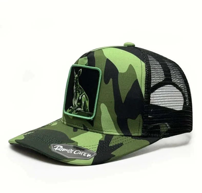 baseball hat minimalist design -  Green Kangaroo Patch Camo Trucker - Fushia