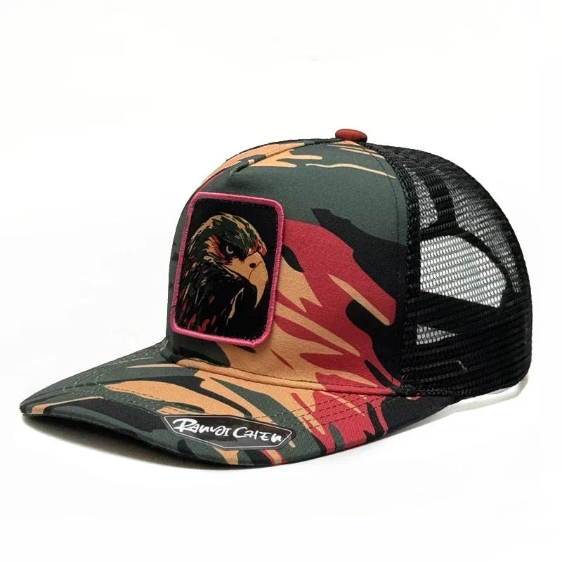 baseball hat logo placement -  Patriot Eagle Camo Trucker Hat – Fushia