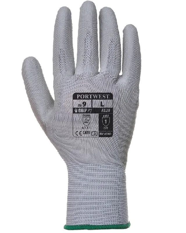 flexible embroidery gloves -  (12 Pairs) Gray Portwest Polyeurethane Palm Coated Gloves