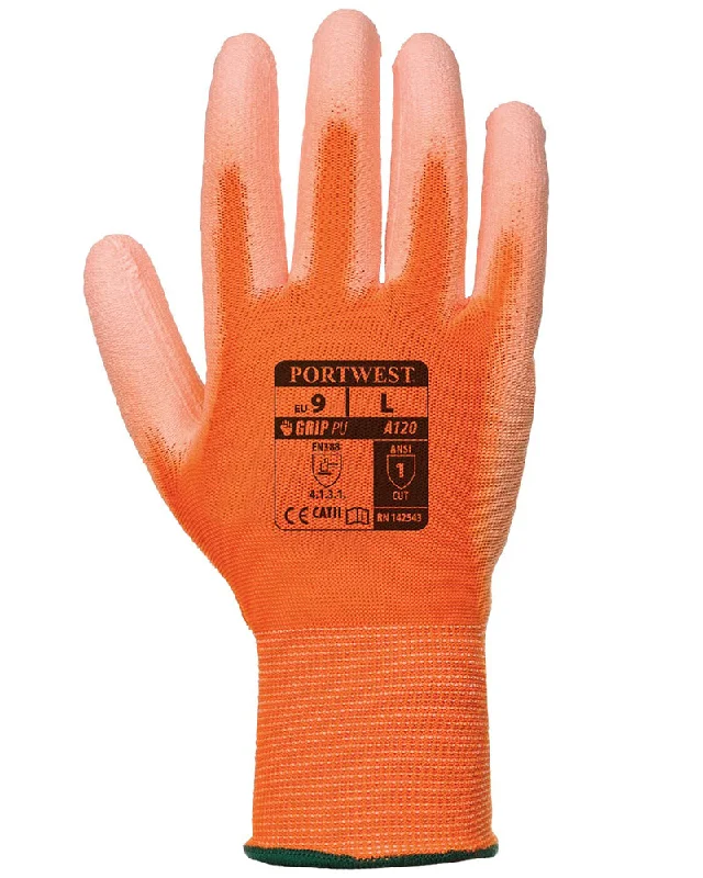 durable sculpting gloves -  (12 Pairs) Orange Portwest Polyeurethane Palm Coated Gloves