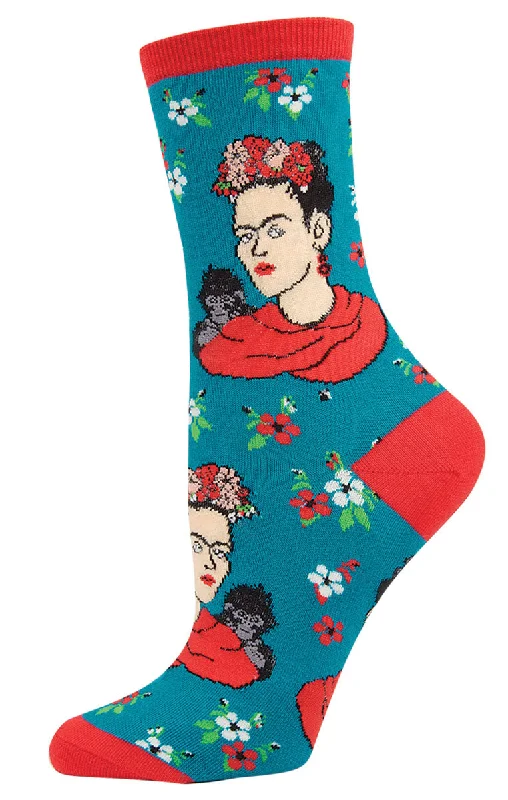 sock care organic -  Kahlo Portrait Women's Crew Sock in Peacock