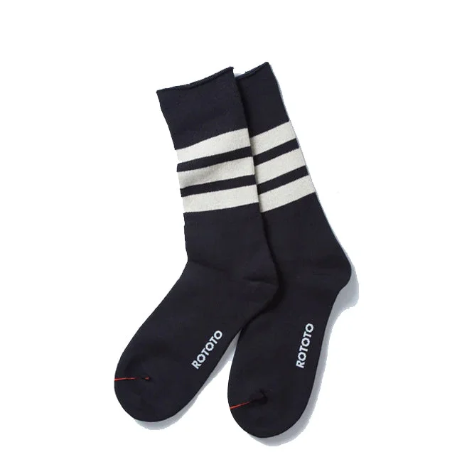 sock stock minimalist -  Rototo Fine Pile Striped Crew Socks Black / Raw Beige