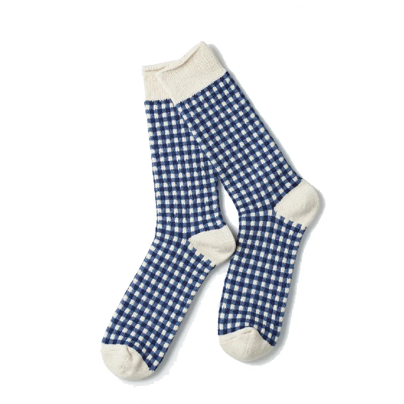 sock uses organic -  Rototo Jacquard Knit Gingham Sock Navy